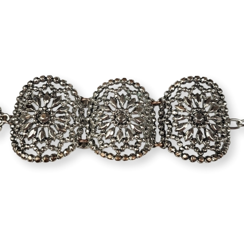 Vintage Flower Chain Bracelet Mandala Silver Tone Wide Curved Link 90s 7.5"